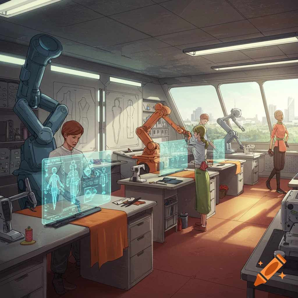 A futuristic studio with people working with robots and screens