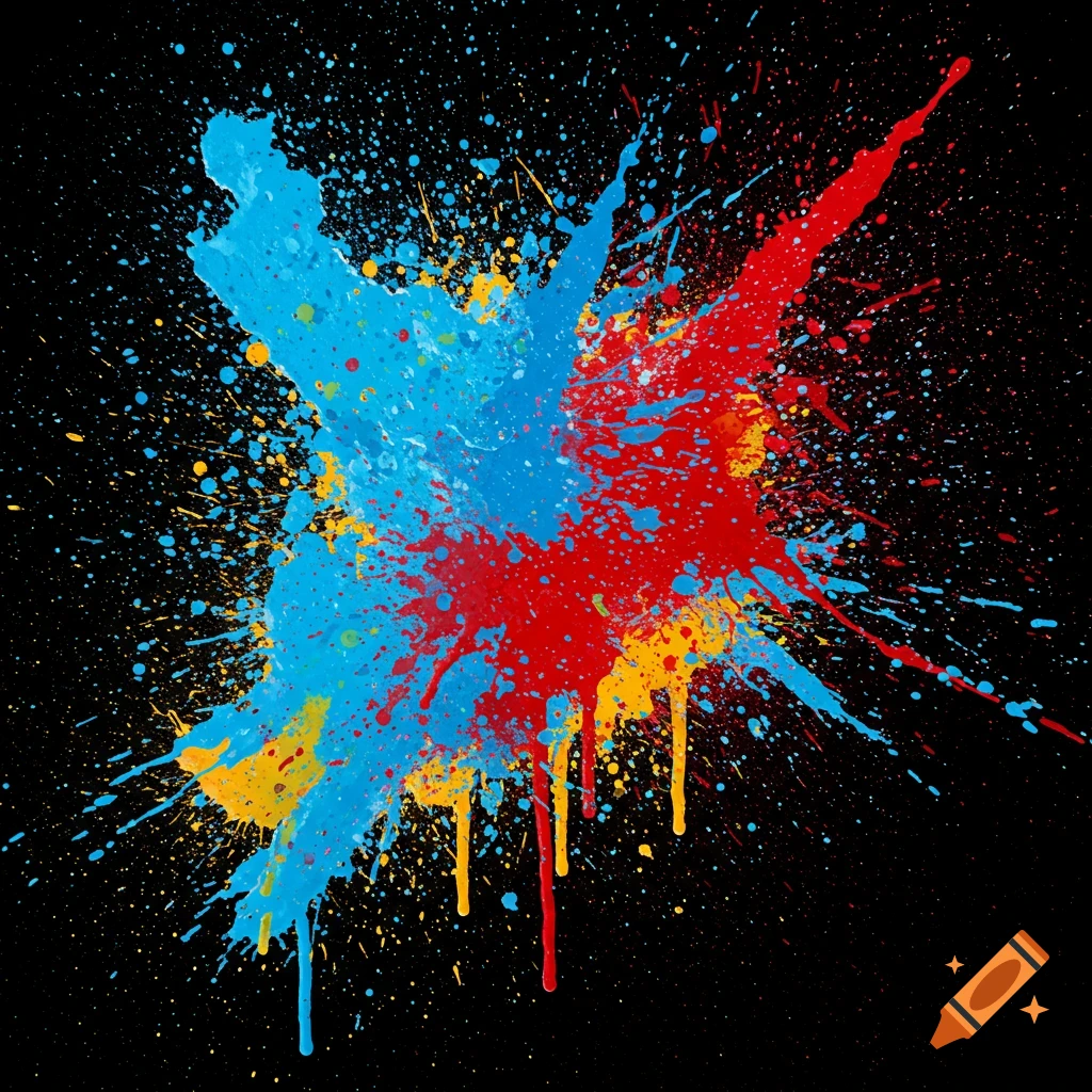 Blue, red, and yellow paint splatter on a black background