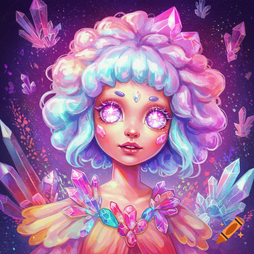 A person with colorful hair and glowing eyes surrounded by crystals