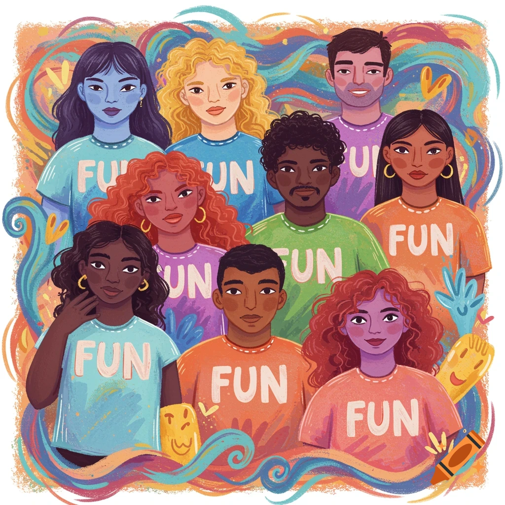A vibrant digital illustration of a diverse group of people in colorful shirts with 'FUN' on them, surrounded by swirls.