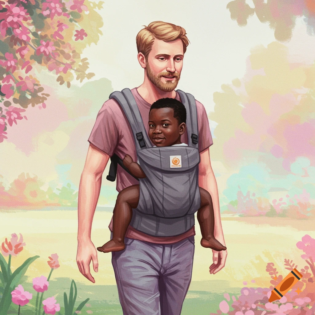 A man carries a child in a baby carrier through a garden.