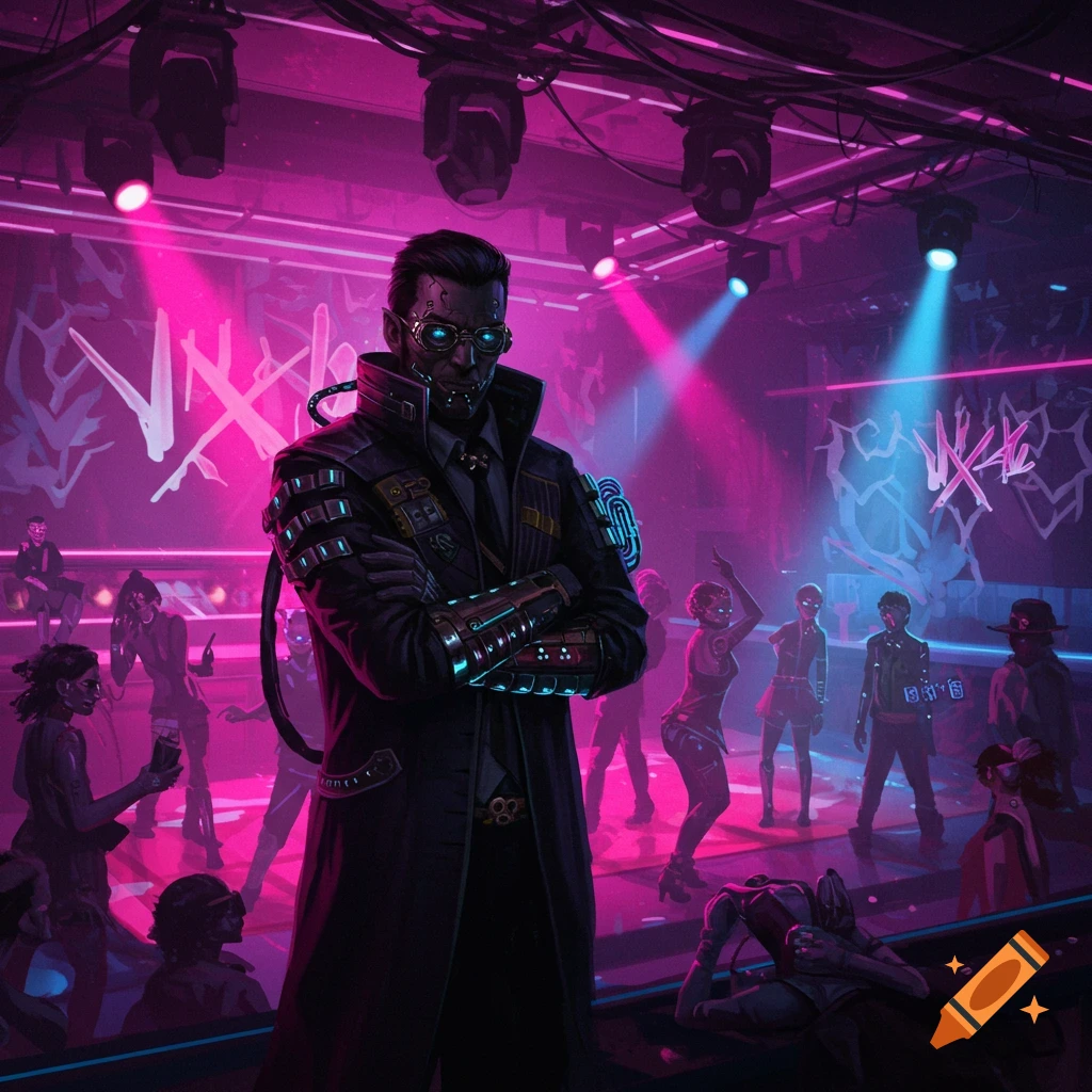 A cyberpunk crime lord stands with arms crossed in a neon-lit nightclub.