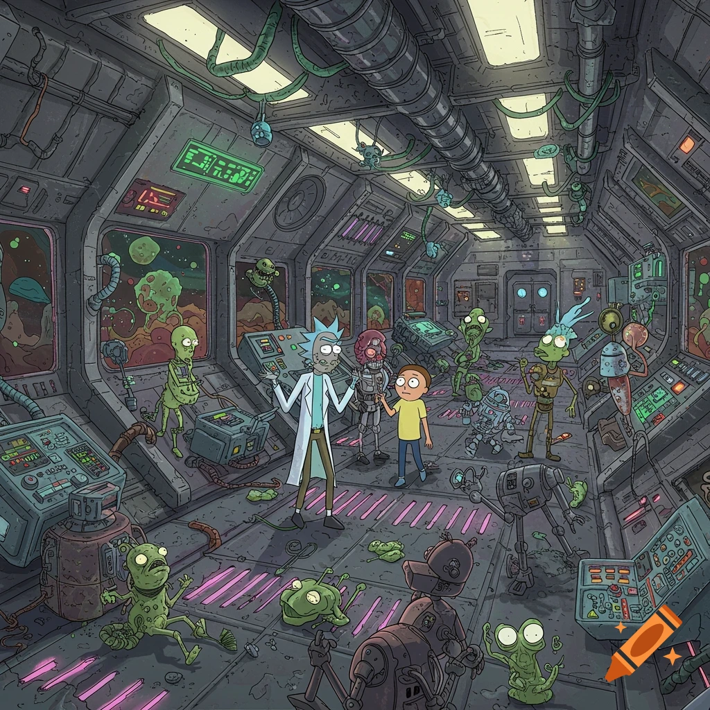 Rick and Morty with several aliens and robots inside a spaceship, in the style of the show.