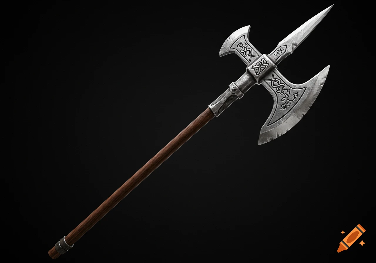 A detailed rendering of a halberd against a dark background.