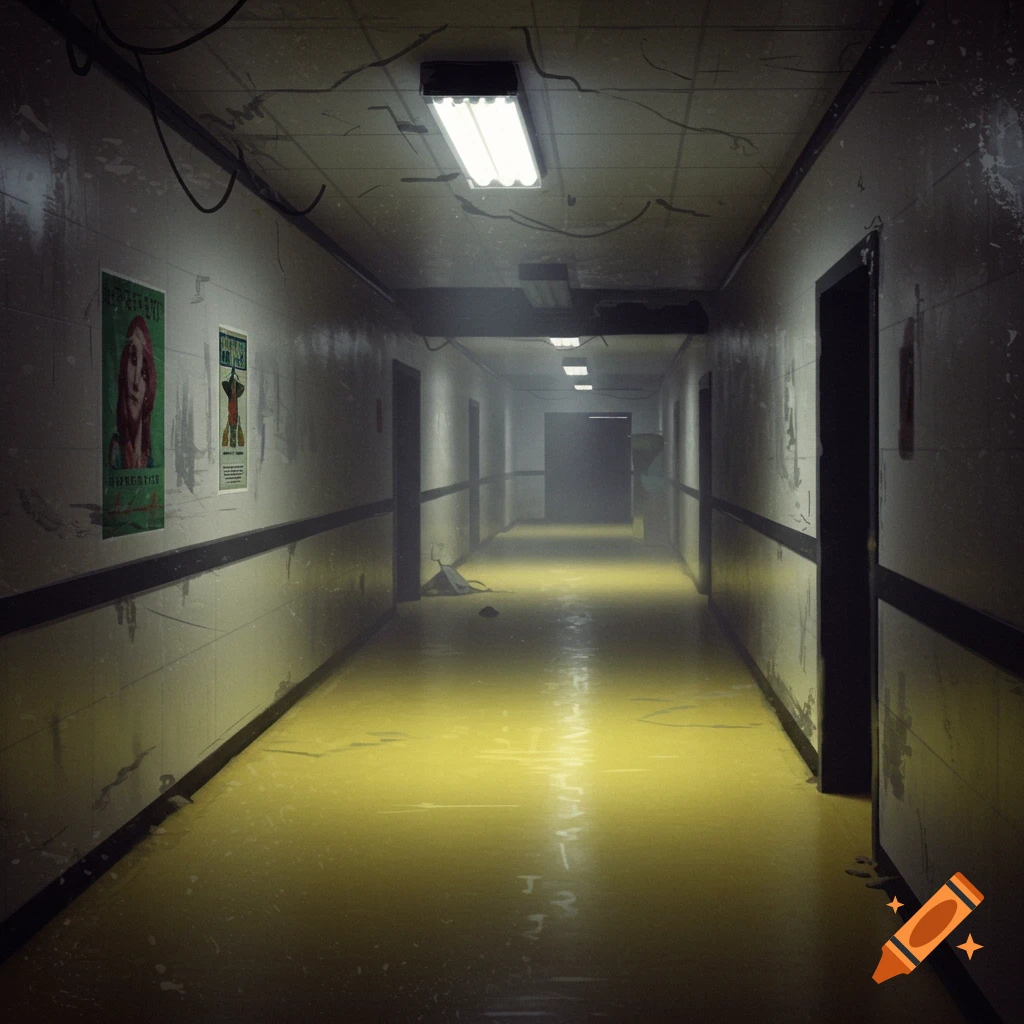 A dimly lit, eerie hallway with a glowing yellow floor, cracked walls, and posters.