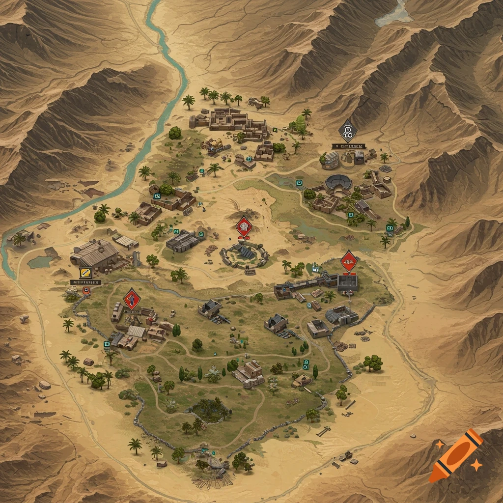 Detailed, hand-drawn style map of a desert military base or town with a river.