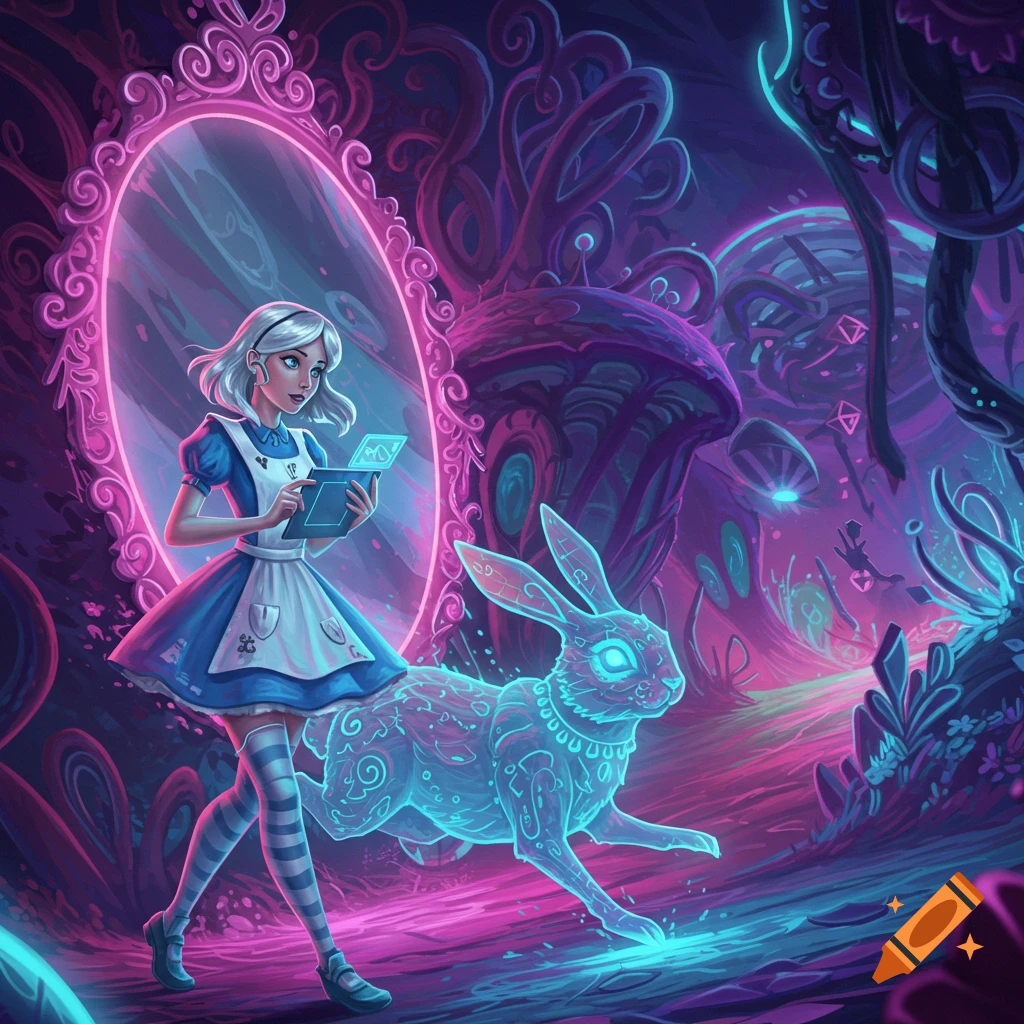 Futuristic Alice and rabbit in psychedelic wonderland on Craiyon