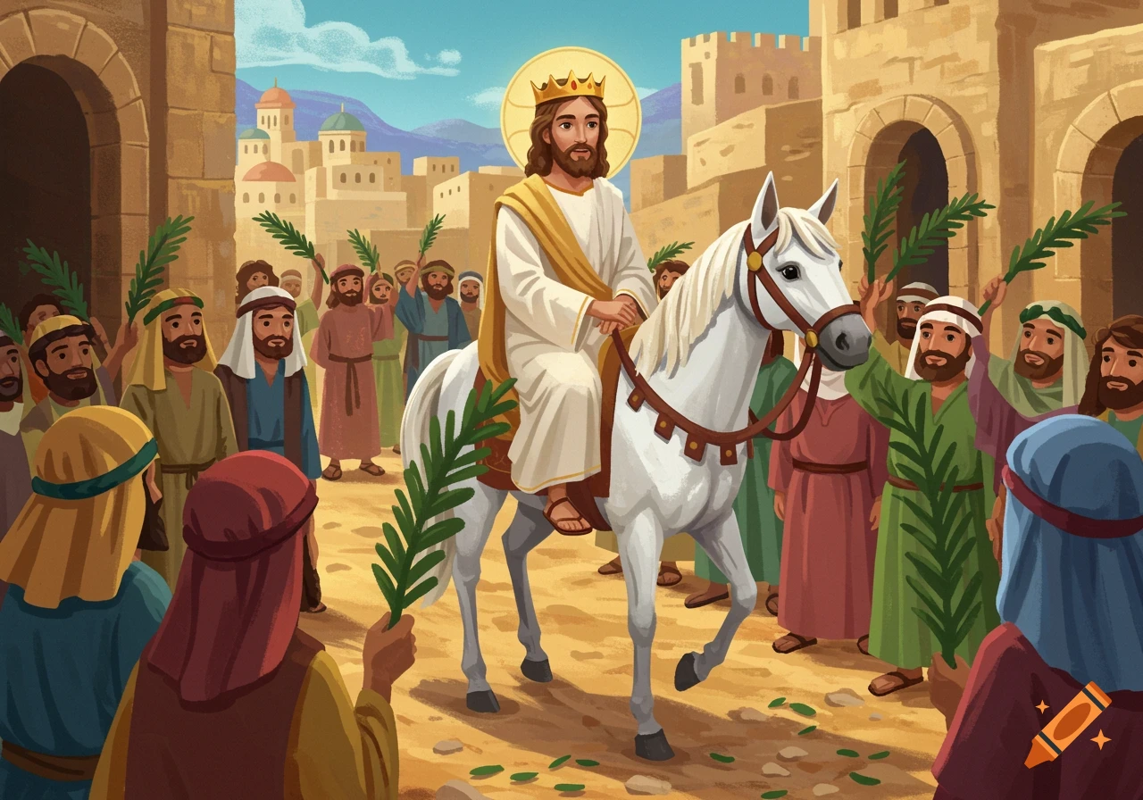 Jesus on a white horse rides through a crowd waving palm branches in a vibrant illustration style.