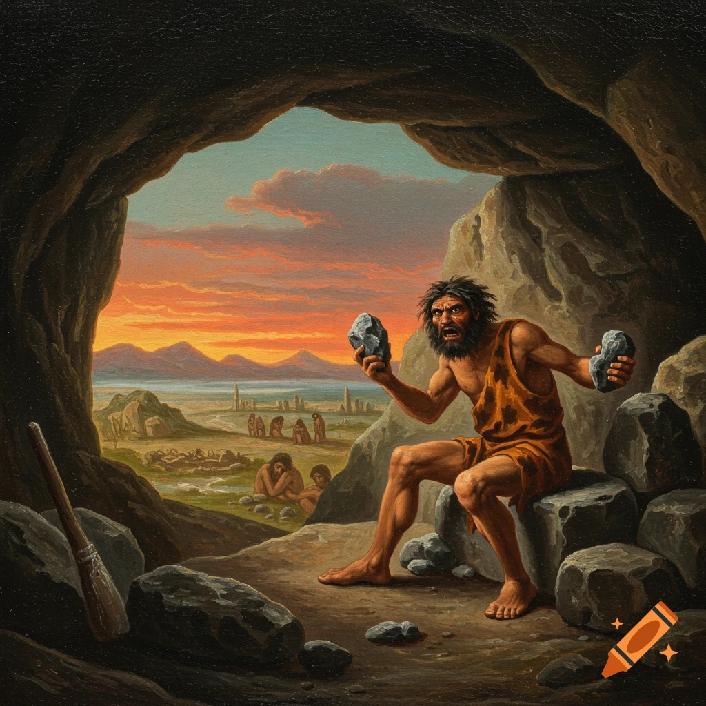 Painting of an agitated caveman in a cave holding rocks, with other cave people and a landscape visible outside.