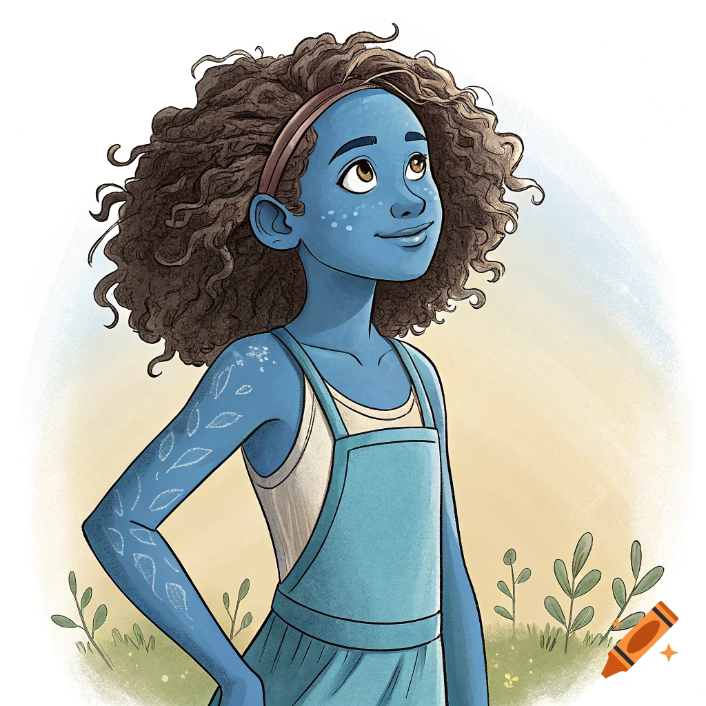 Cartoon illustration of a blue-skinned girl with curly hair looking up