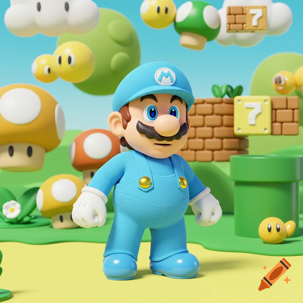 3D render of a character like Super Mario in blue in a video game landscape with mushrooms, blocks, and pipes.