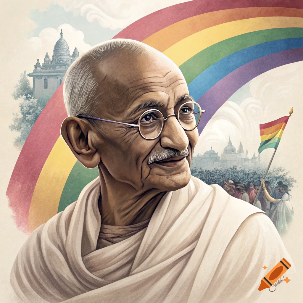 Illustration of Mahatma Gandhi with a crowd and a rainbow flag behind him, set against historical Indian buildings.