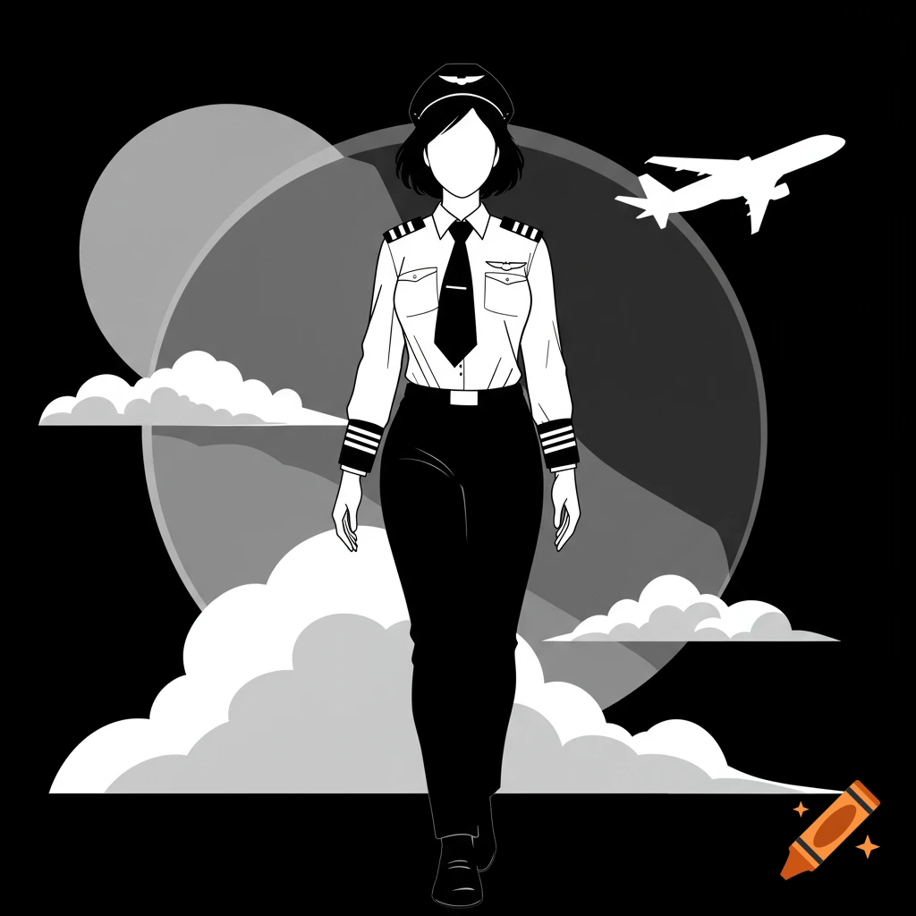 Black and white vector drawing of a female airline pilot standing with an airplane and clouds.