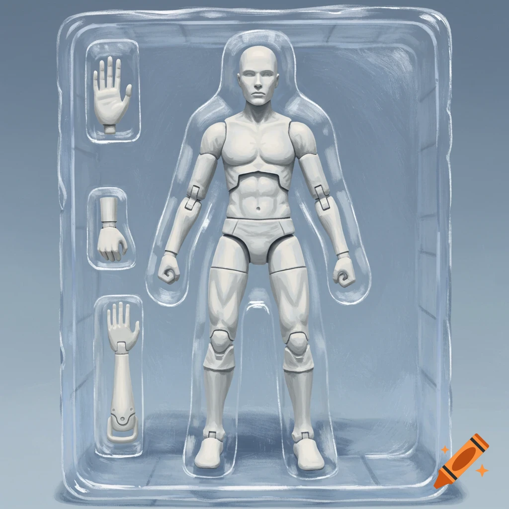 A white articulated action figure in sealed plastic packaging with accessory hands.