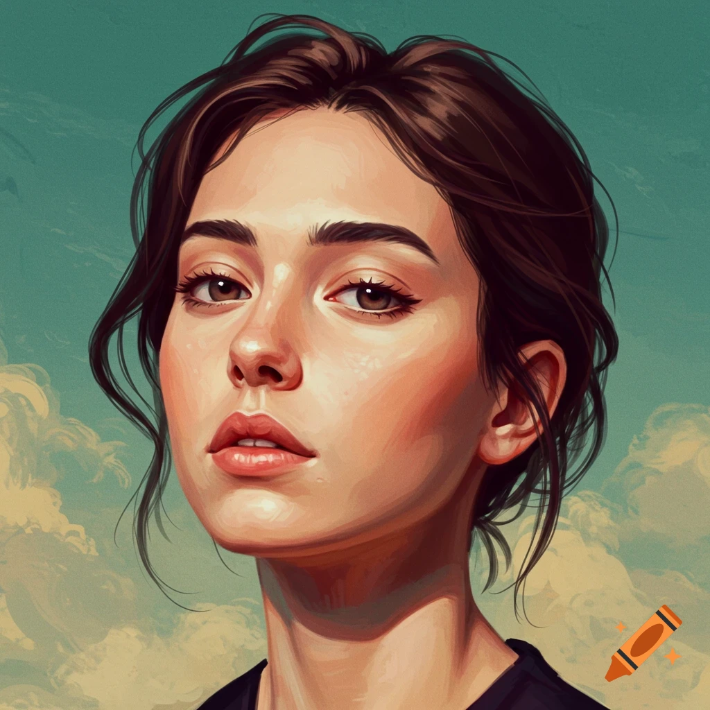 A portrait of a young woman with dark hair against a cloudy sky.