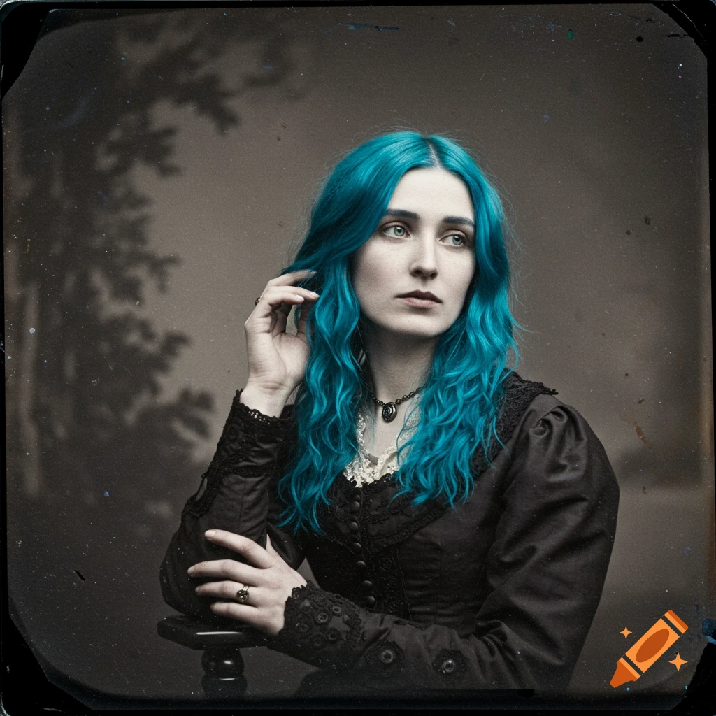 Old photo style portrait of a woman with vibrant blue hair wearing a dark historical dress.