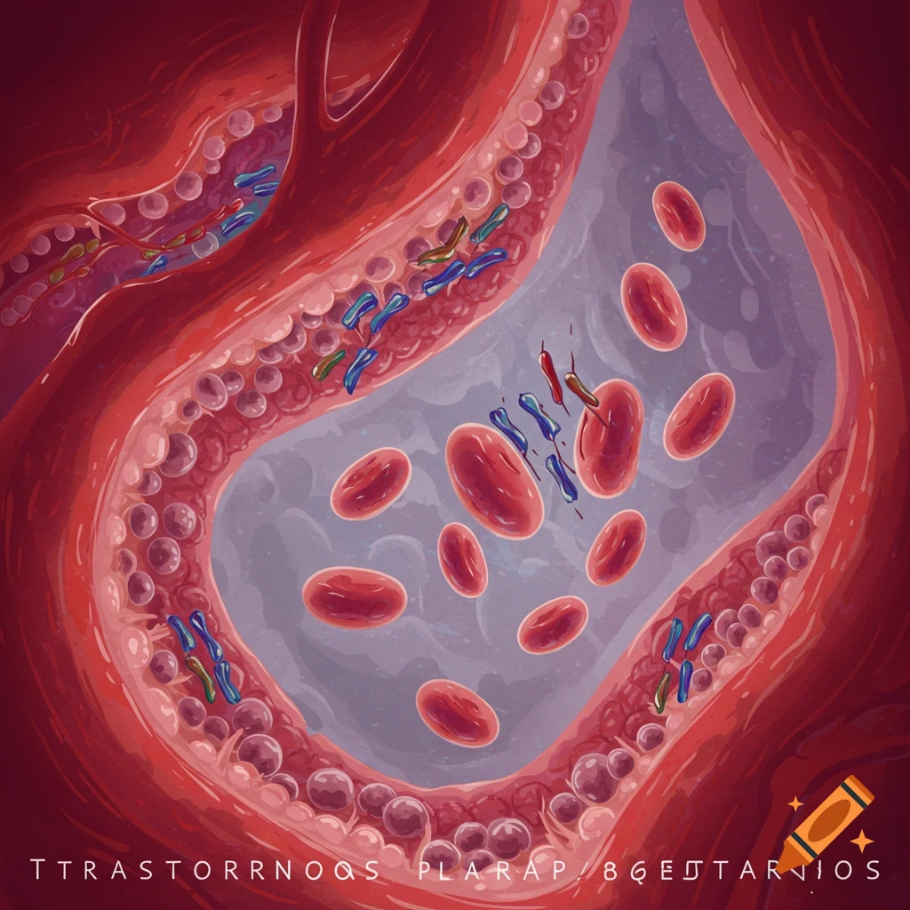 Red blood cells and bacteria inside a blood vessel.
