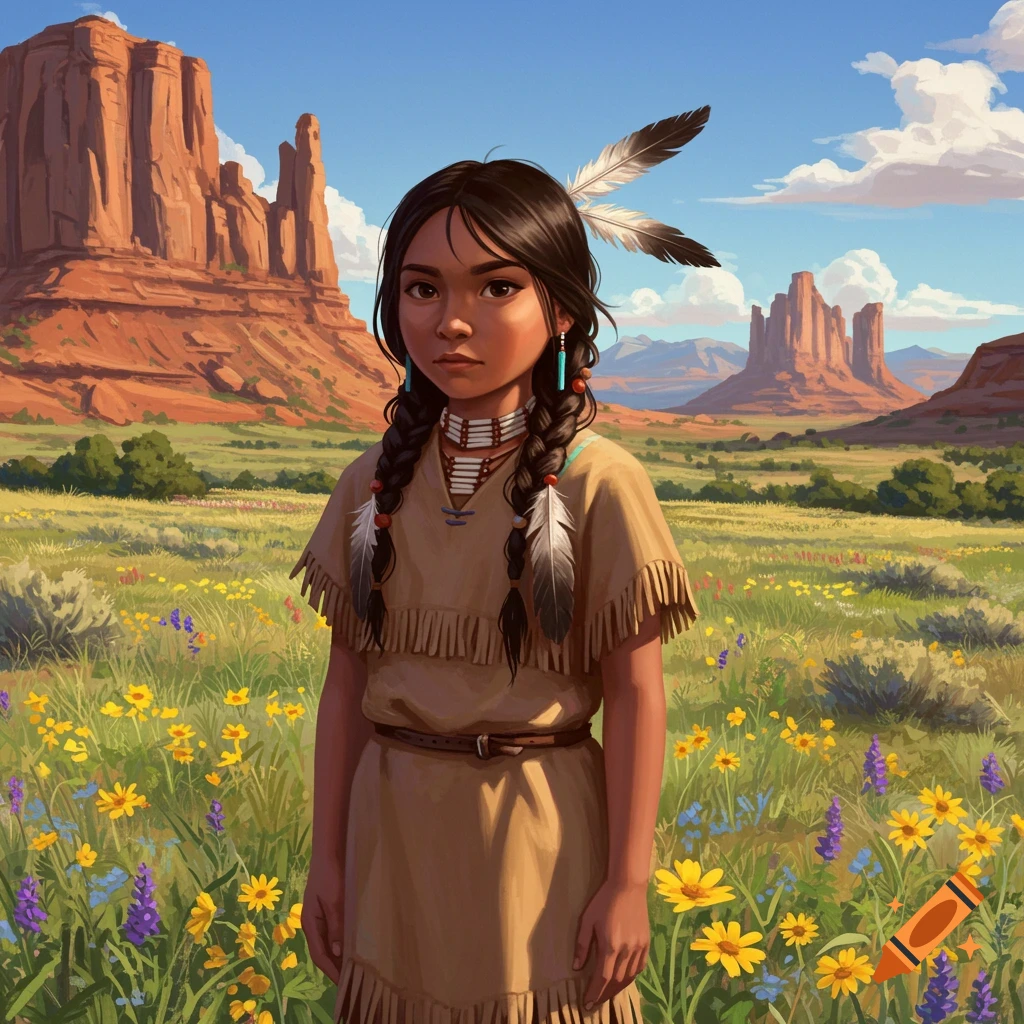 A young Native American girl in traditional dress stands in a wildflower meadow with red rock formations.