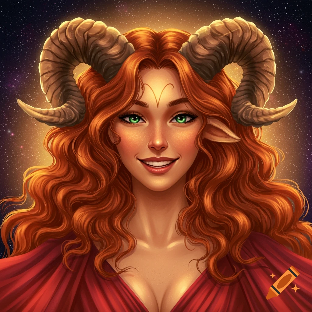 A woman with red hair and green eyes wearing red with ram horns and the Aries symbol on her forehead
