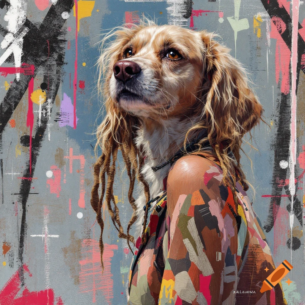 A dog with dreadlocks sits next to a person's shoulder, who is wearing a colorful patchwork shirt. Behind them is an abstract background.