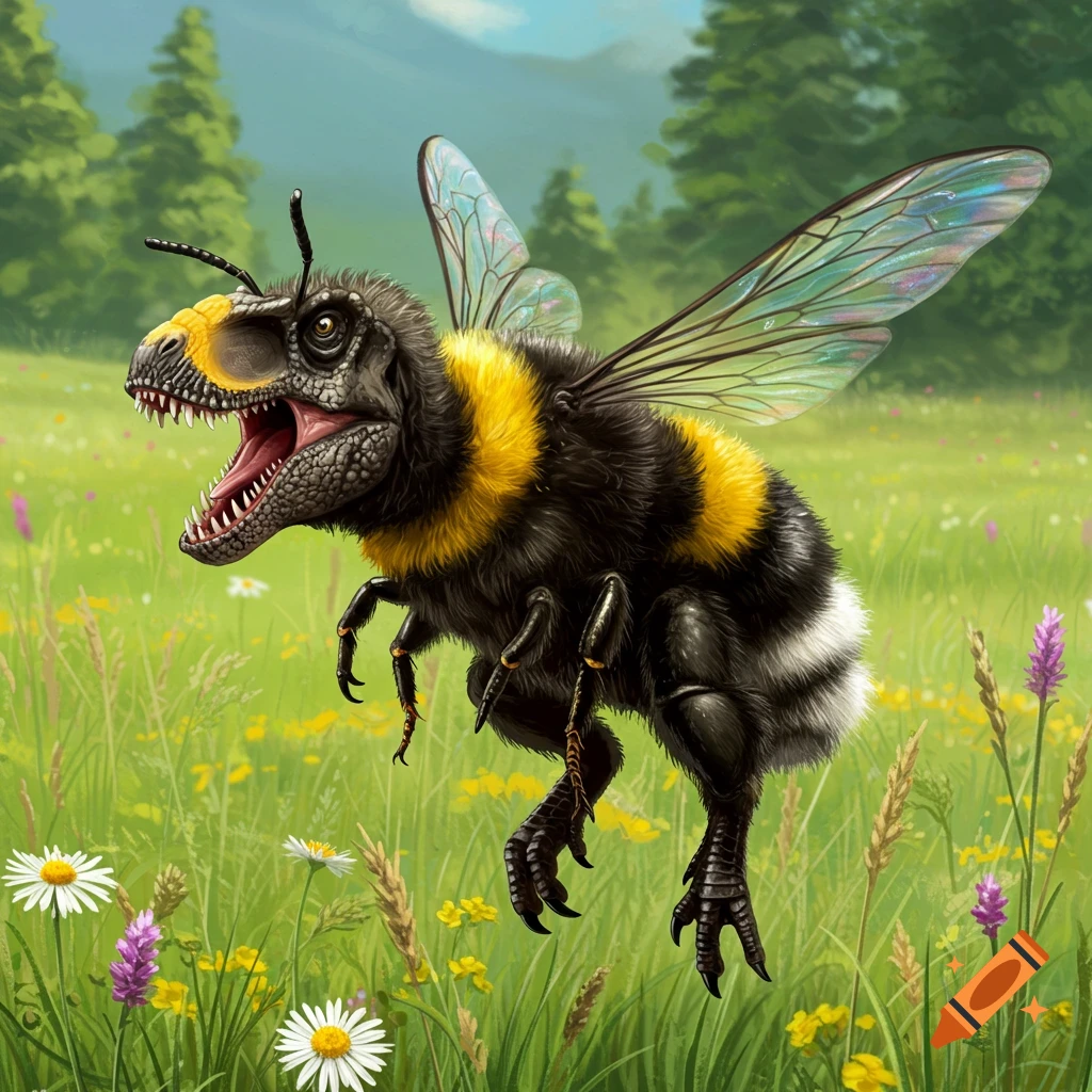 A fantastical dinosaur bumblebee creature with sharp teeth flies through a field of wildflowers.