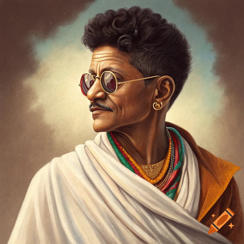 Stylized painted portrait of a man combining features of Gandhi and Bruno Mars, wearing round glasses, a mustache, a white shawl, and colorful necklaces.