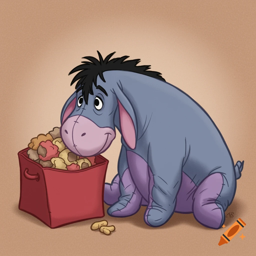 Cartoon Eeyore sits next to a red bin of snacks.