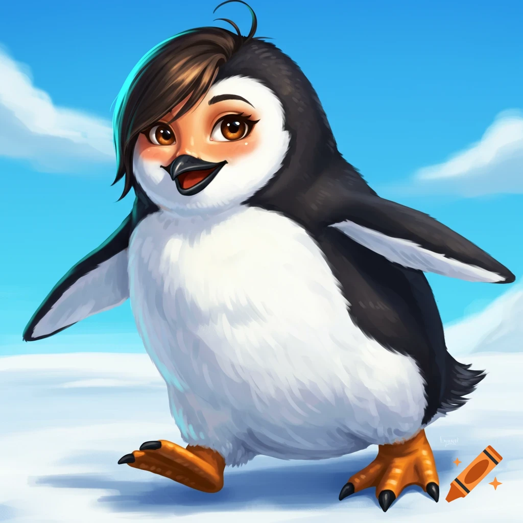 Cartoon penguin character with brown hair walking on snow.