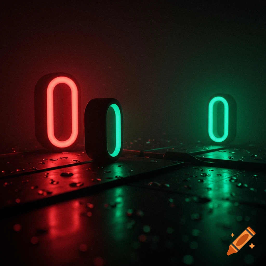 Three glowing abstract shapes resembling zeros, one red and two green, on a dark, wet surface.