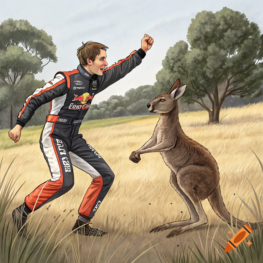 An illustration of a person in a race suit facing off against a kangaroo in a grassy field.