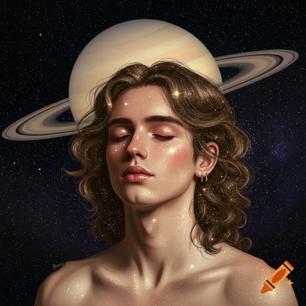 A young man with sparkling skin and hair, Saturn in the background.