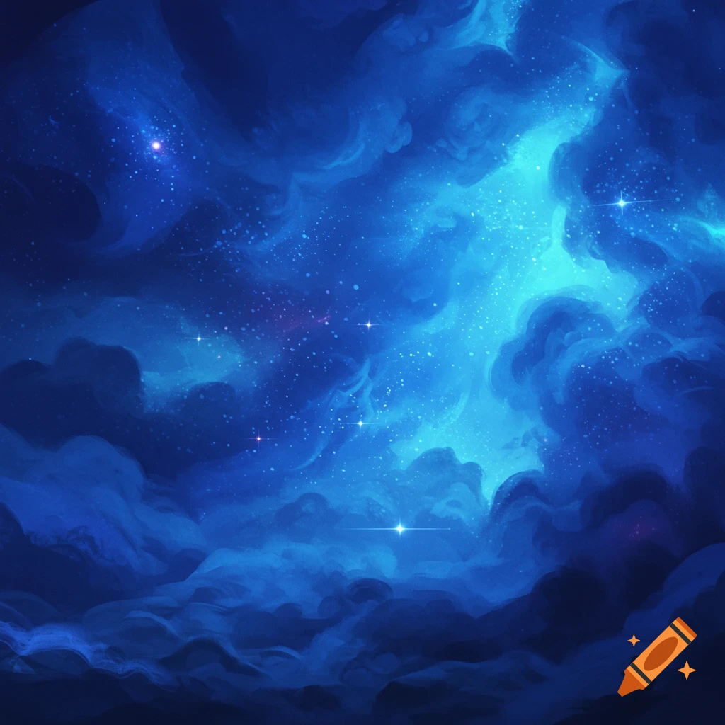 A vibrant blue cloudy sky filled with stars and bright nebula light.
