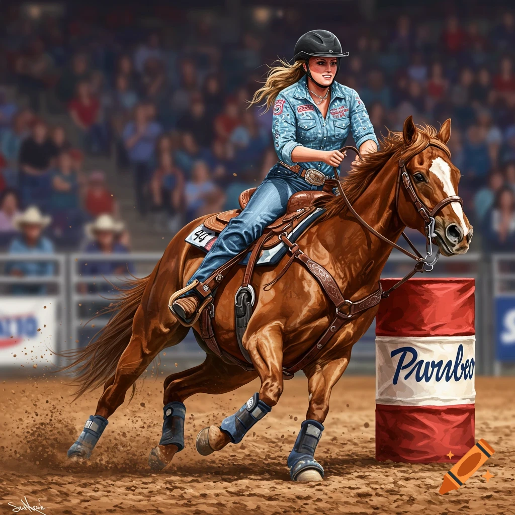 A woman barrel racing on a horse in a rodeo.