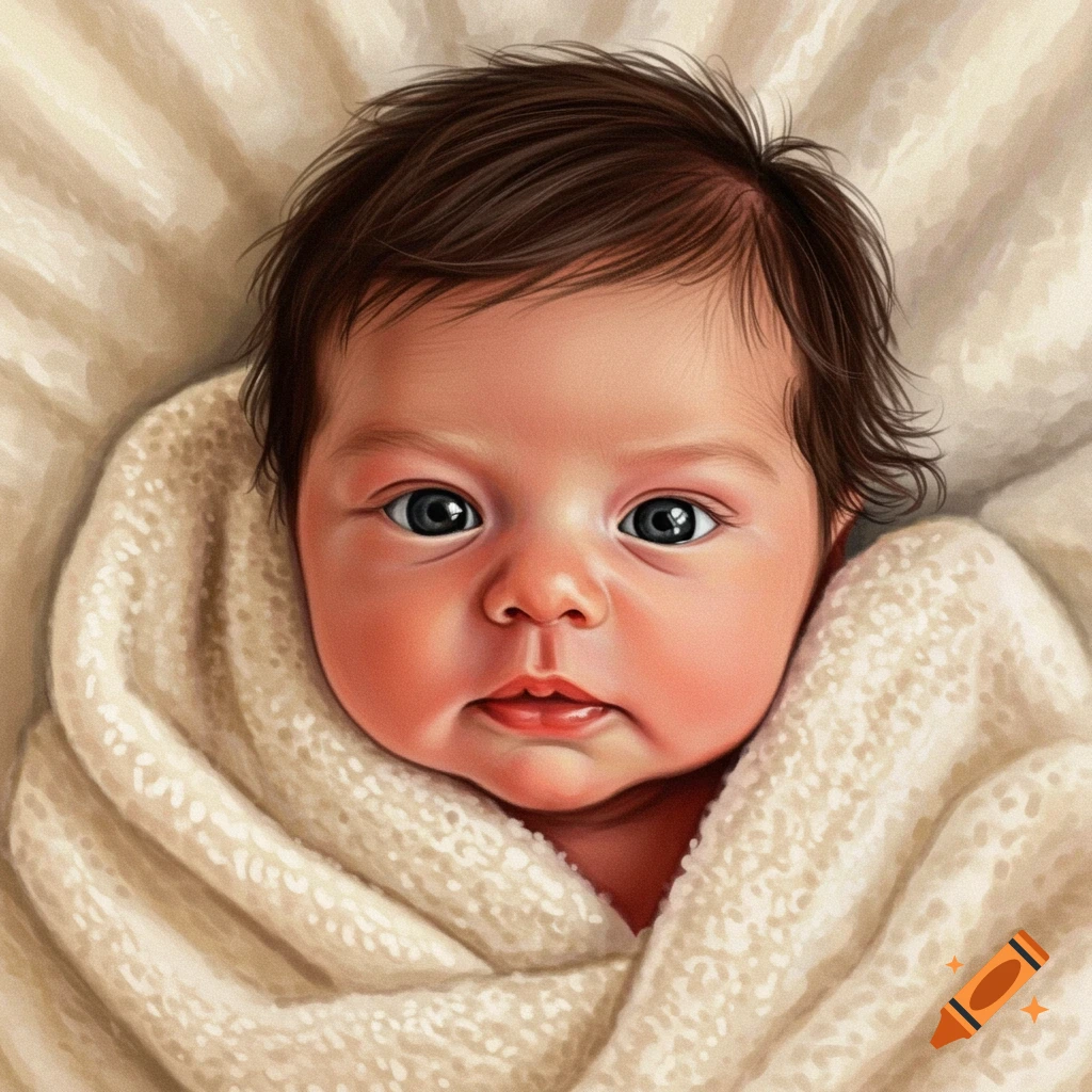 A baby swaddled in a cream blanket.
