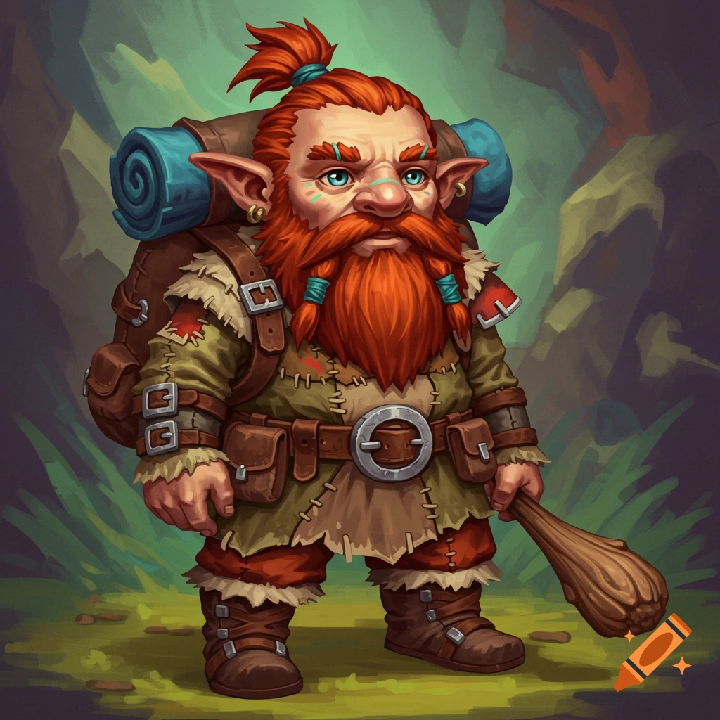 A fantasy gnome character with a red beard, backpack, and club in a forest.