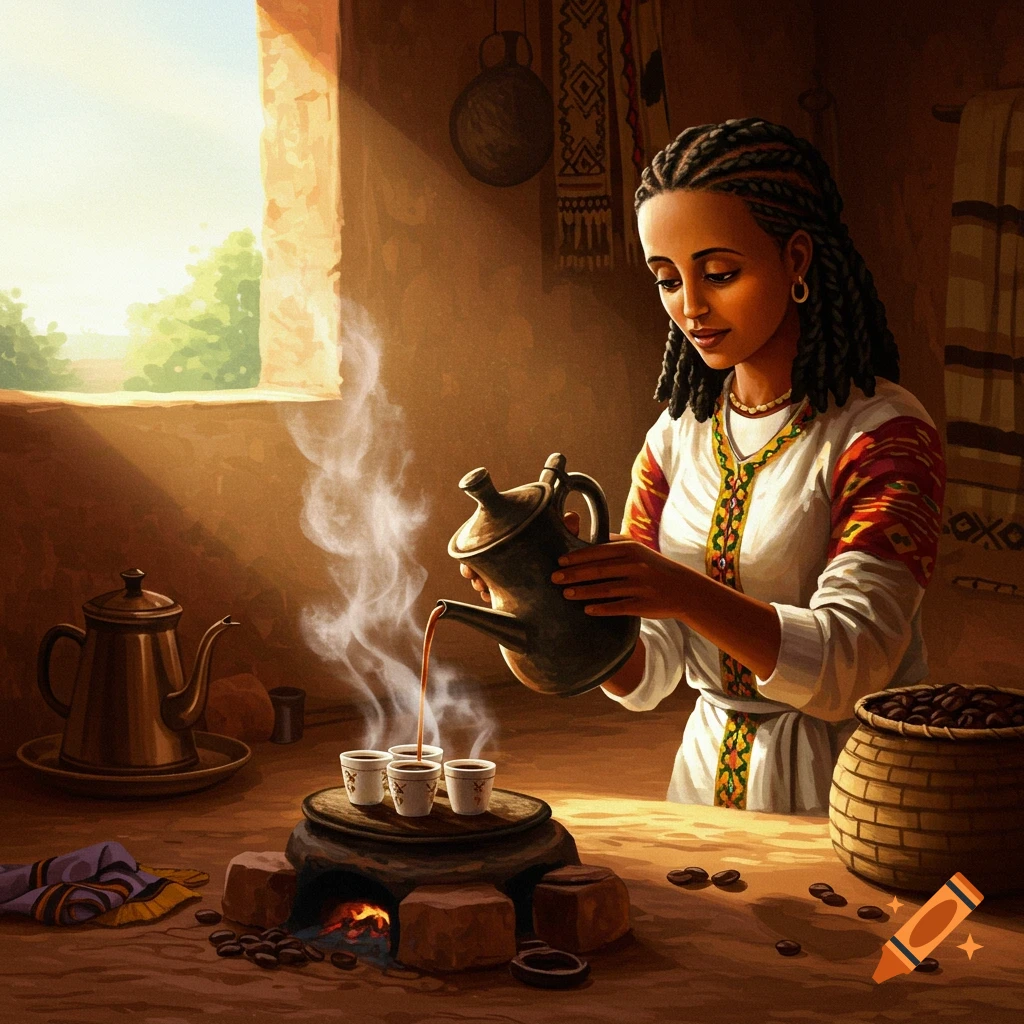Painting of a woman pouring coffee from a jebena pot into cups over a fire