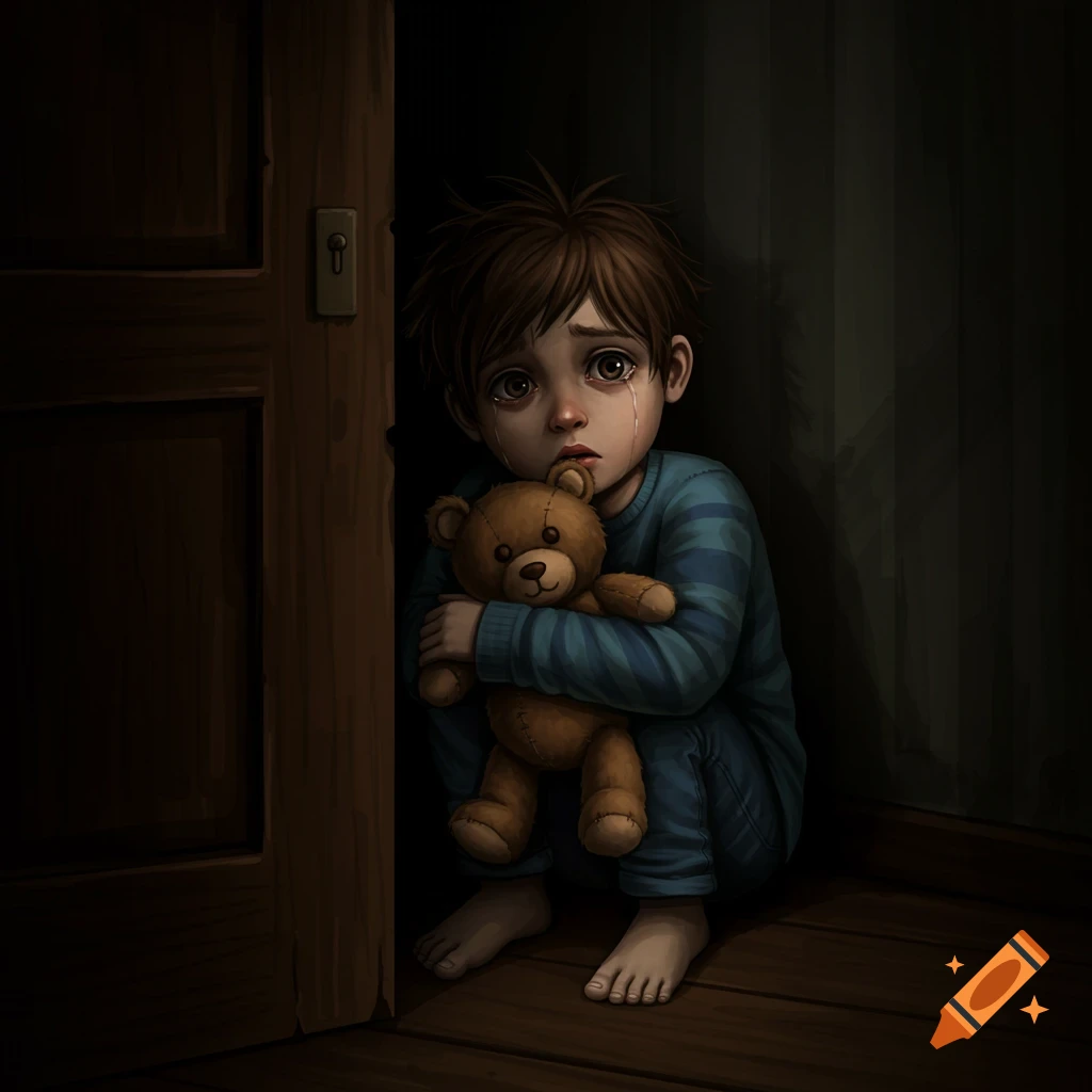 A scared boy is crying and hugging a teddy bear in a dark corner.