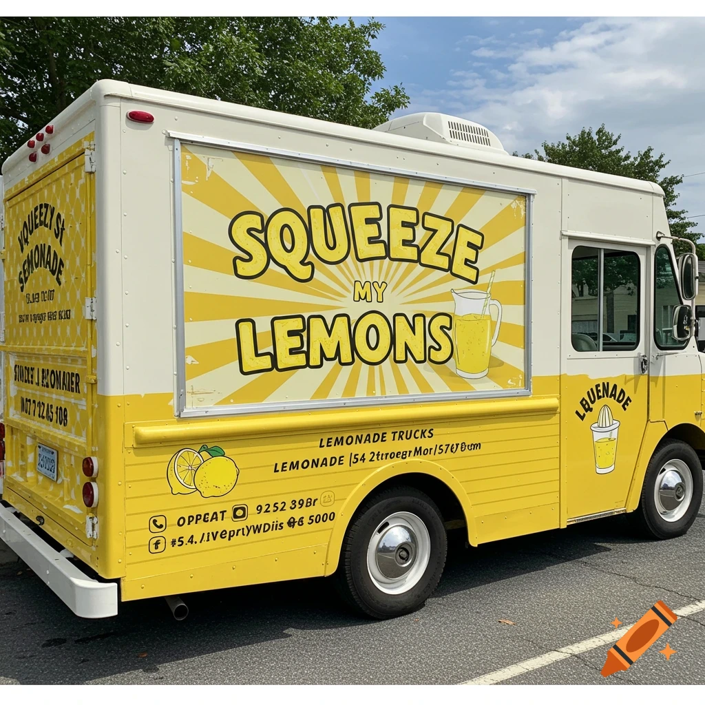Yellow and white lemonade food truck with a sign that says 'SQUEEZE MY LEMONS'