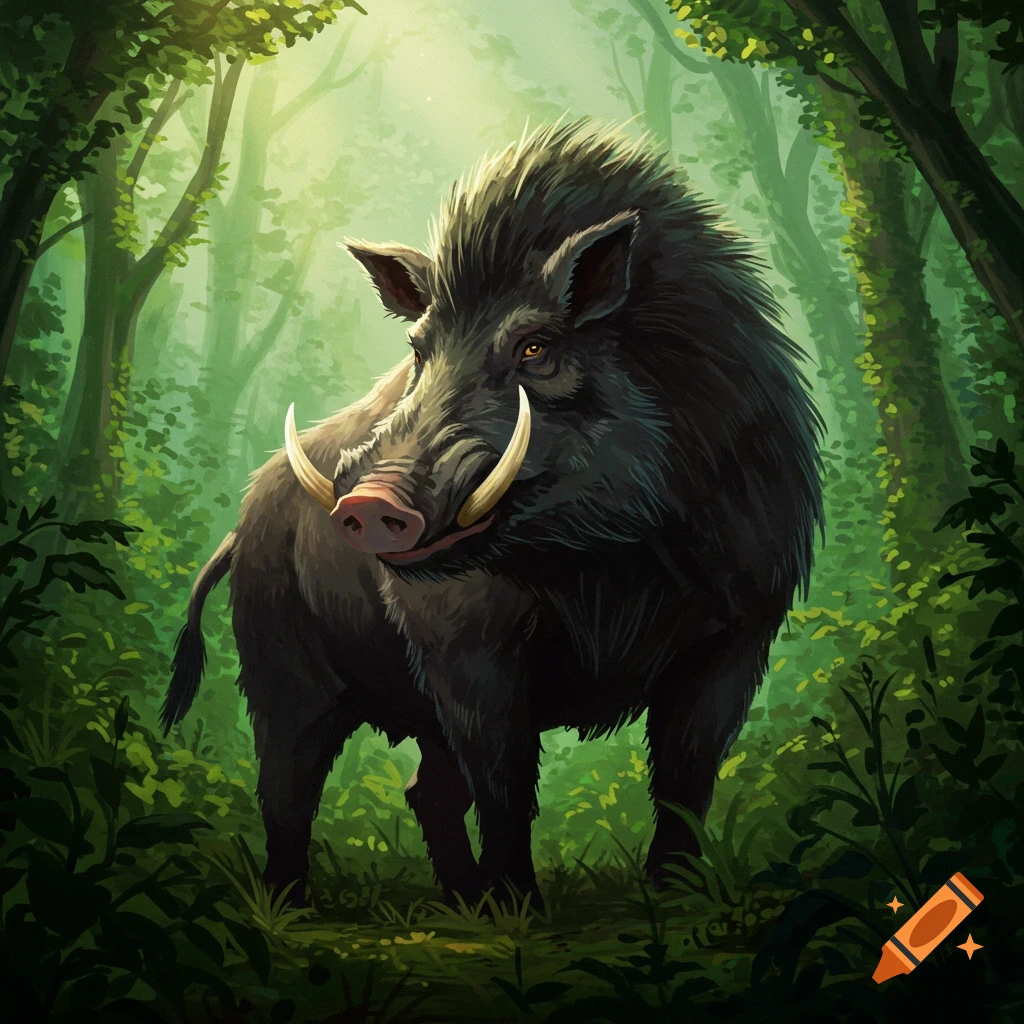 A wild boar stands in a sunlit forest