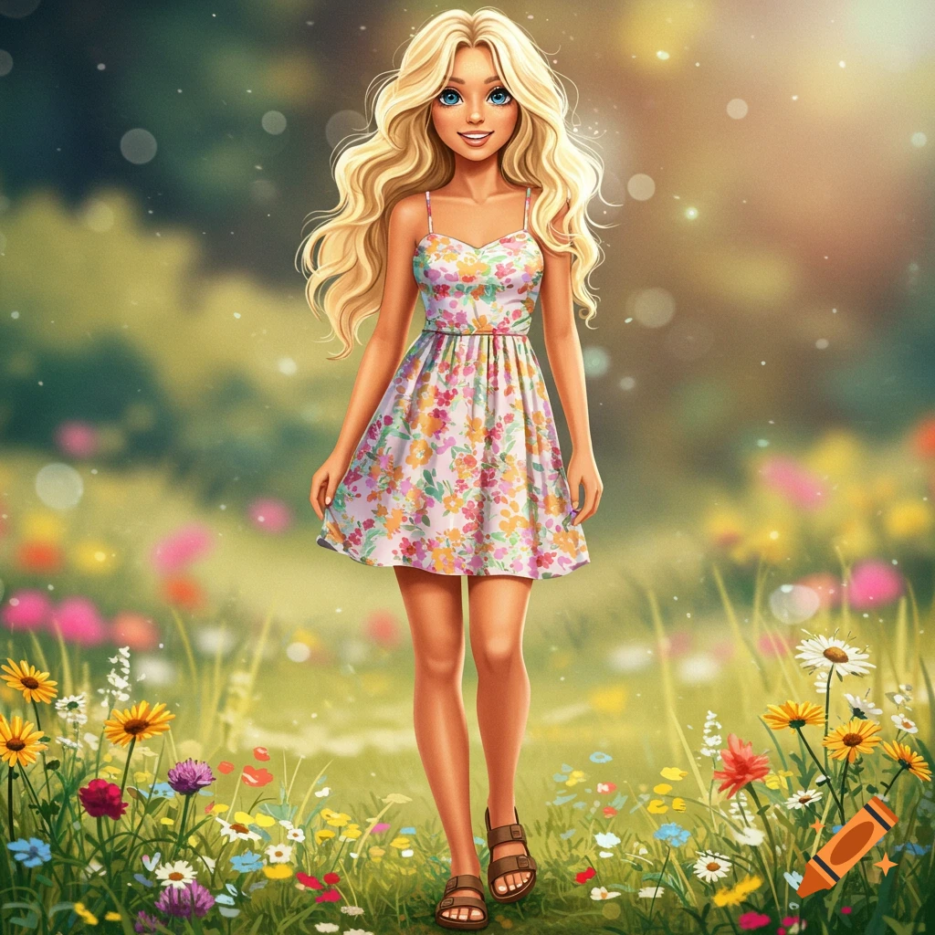 A blonde woman resembling Barbie in a floral dress stands in a field of flowers.