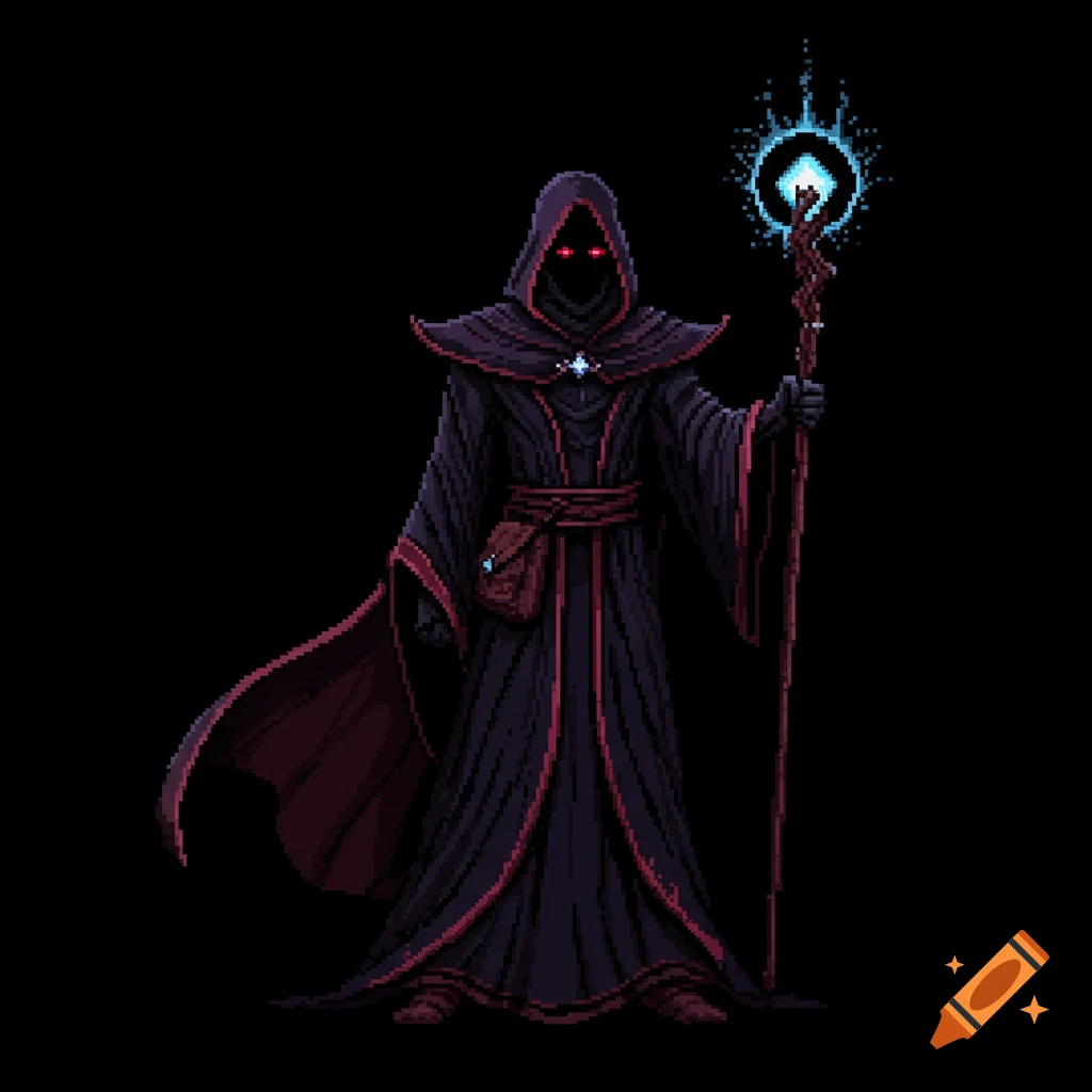 Pixel art of a hooded dark mage holding a glowing staff