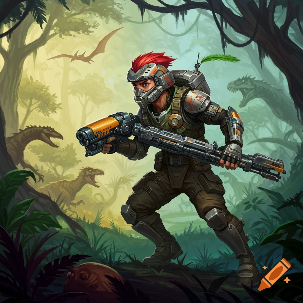 A hunter with a large gun fighting dinosaurs in a jungle.