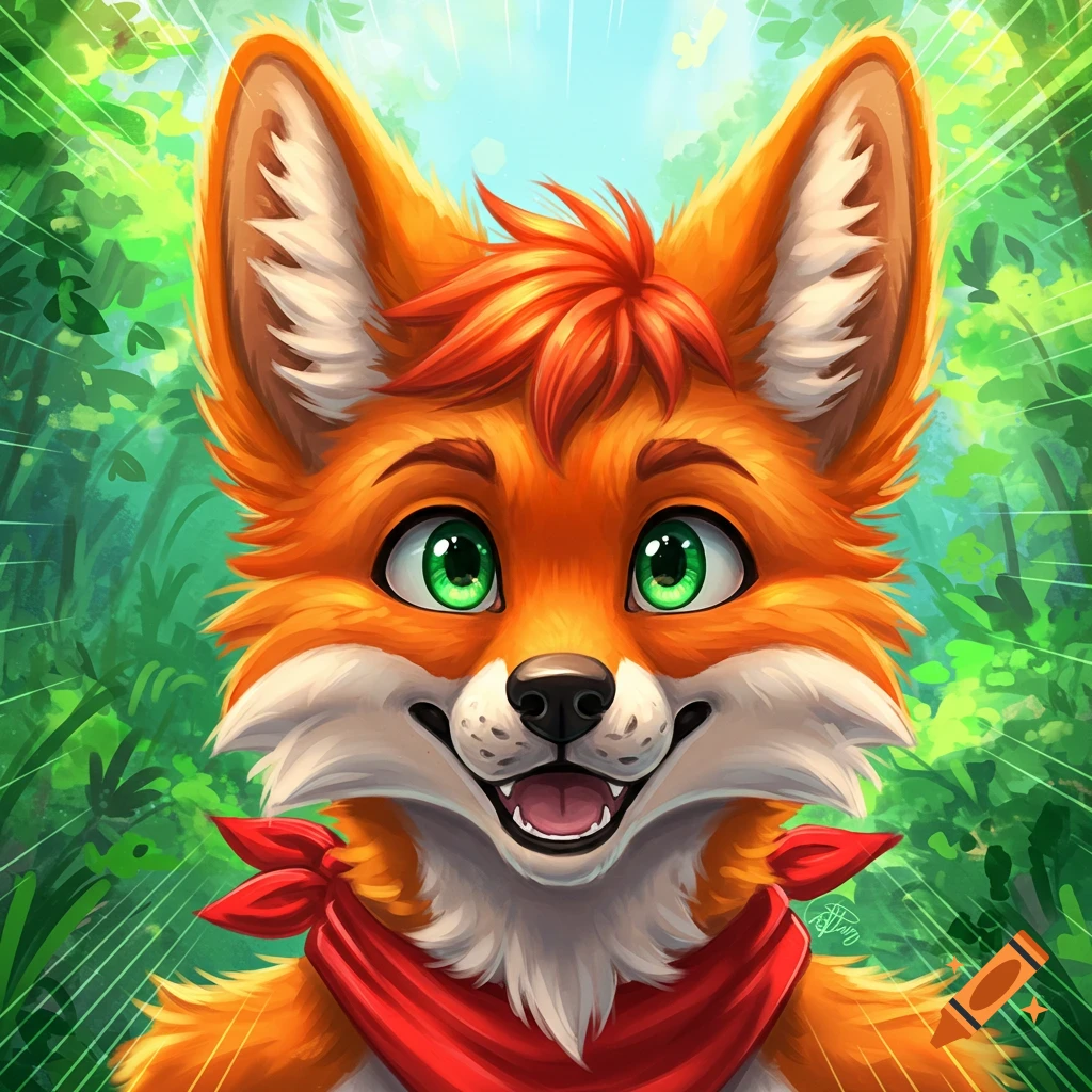 A cartoon fox with big green eyes wearing a red bandana, smiling in a forest.