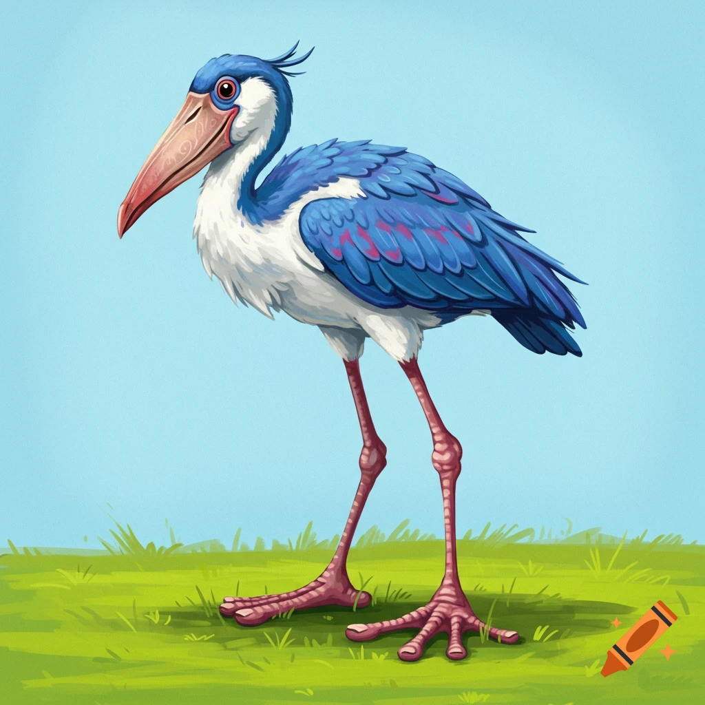 Cartoon bird with blue and white feathers, long bony legs, and large feet on grass.