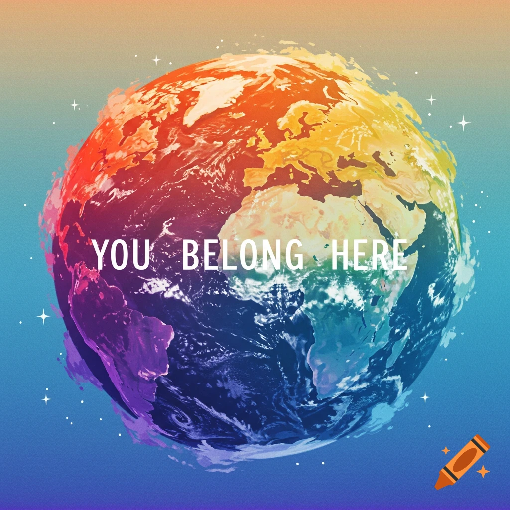 A rainbow-colored globe with stars and the text YOU BELONG HERE