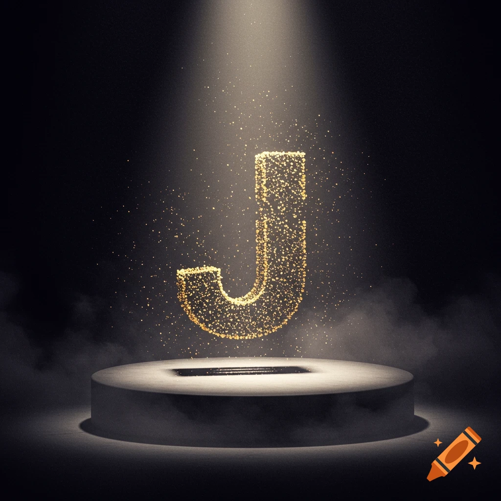 Digital art of a golden particle letter J floating above a podium under a spotlight.