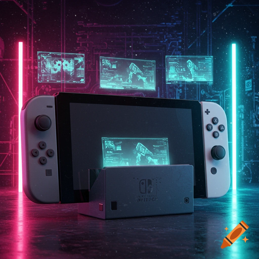 A futuristic Nintendo Switch console with neon lights and holographic screens.
