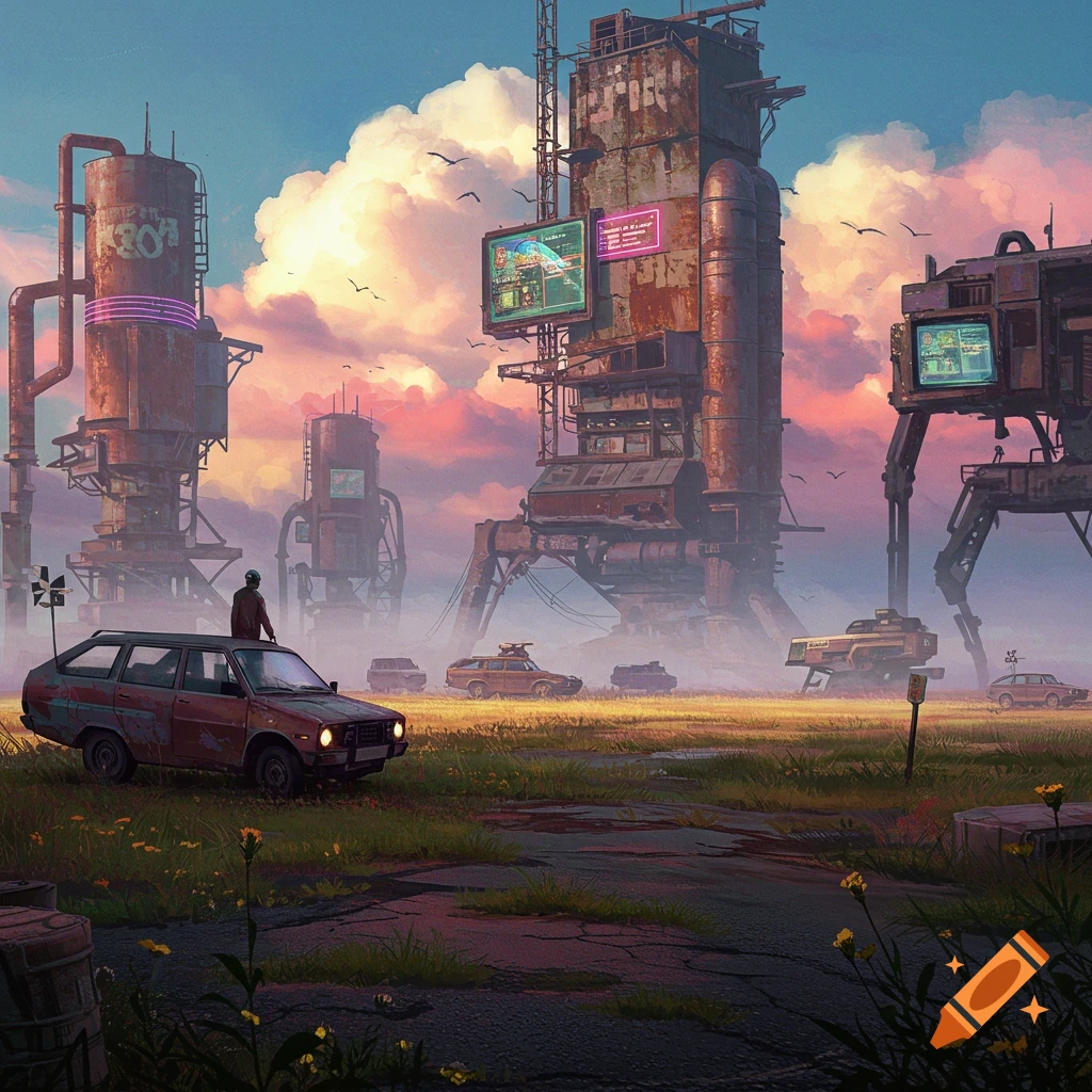 A post-apocalyptic wasteland featuring industrial structures, abandoned cars, and a lone figure under a cloudy sky.