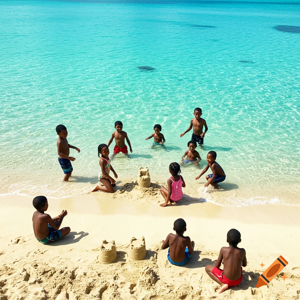 Children play on a sunny beach, building sandcastles and splashing in turquoise water.