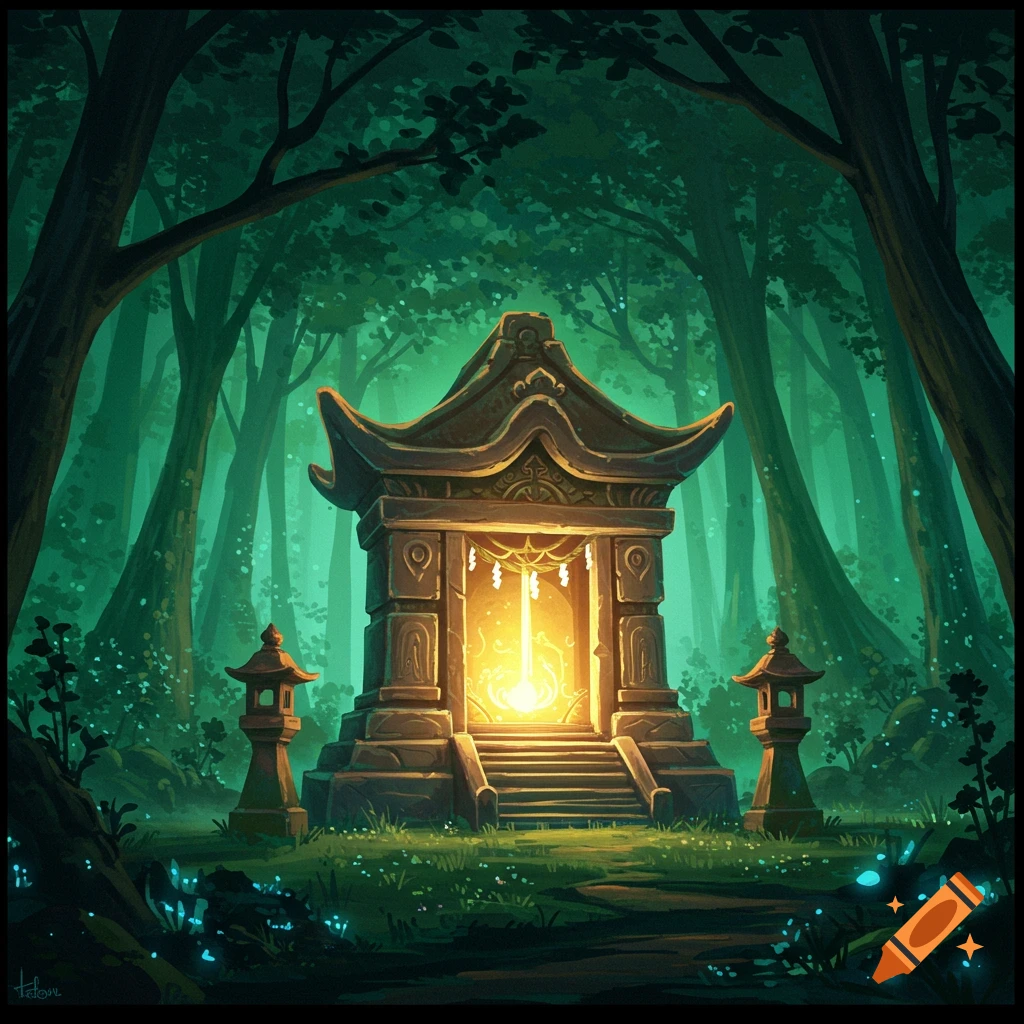 A glowing shrine in a dark forest.